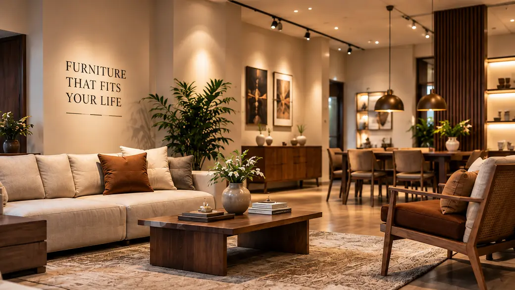 The New Galaxy Furniture showroom in Bengaluru — a beige sofa, walnut coffee table and dining set beneath the words "Furniture that fits your life".