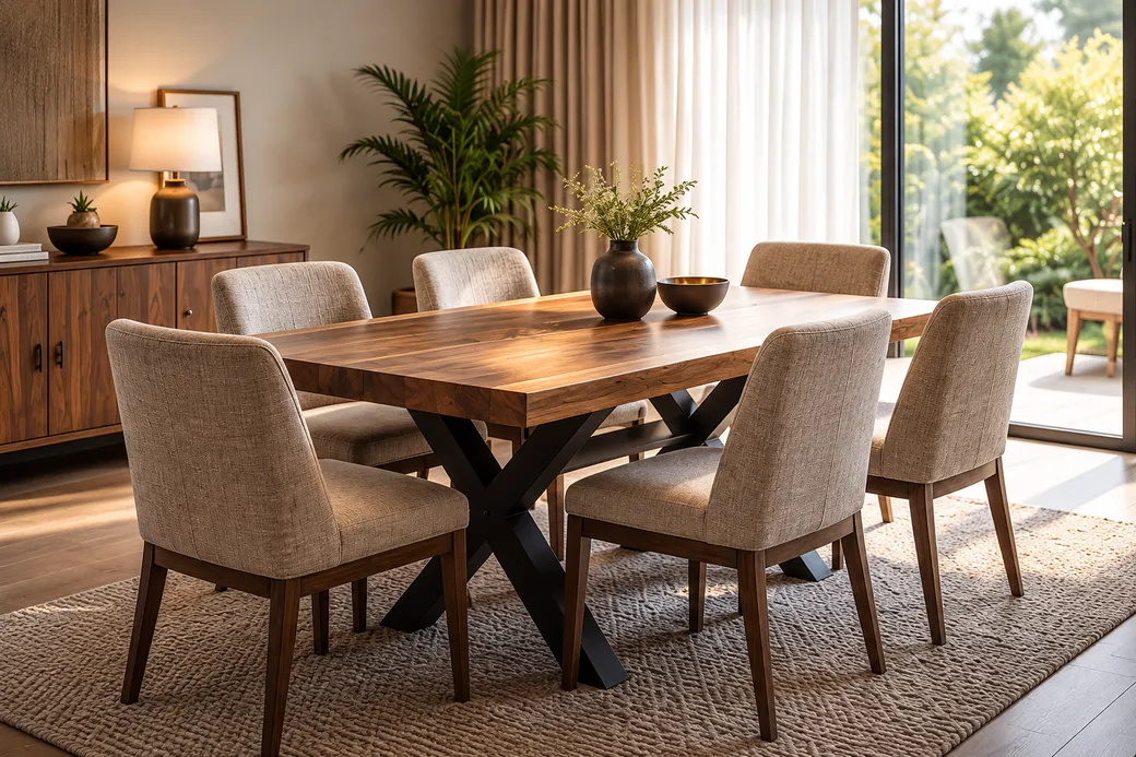 A finished walnut dining table with upholstered chairs in a sunlit Bengaluru dining room, made to order by New Galaxy Furniture.