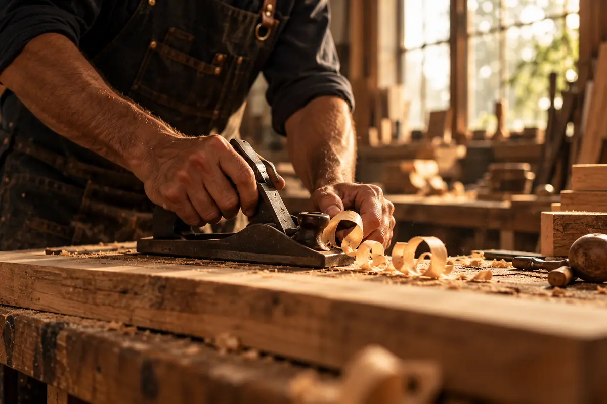 A craftsman's hands running a hand plane along a timber board, a curl of shaving lifting from the blade in a sunlit workshop.