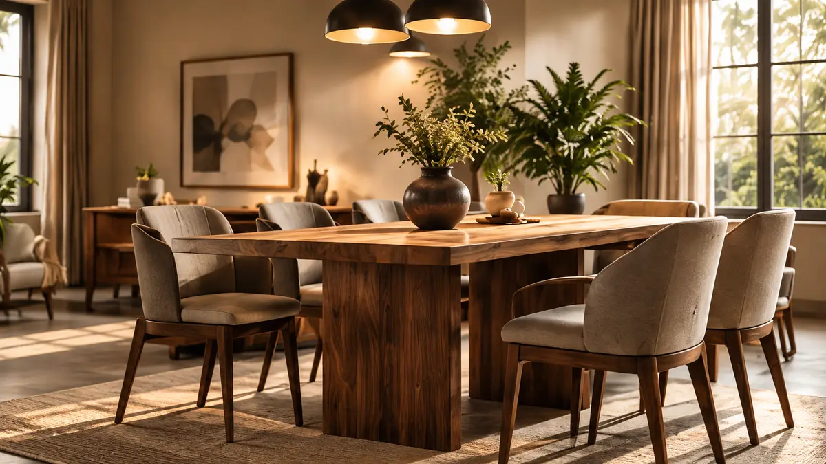 A custom walnut dining table set with upholstered chairs, styled with plants and pendant lights in a sunlit room.