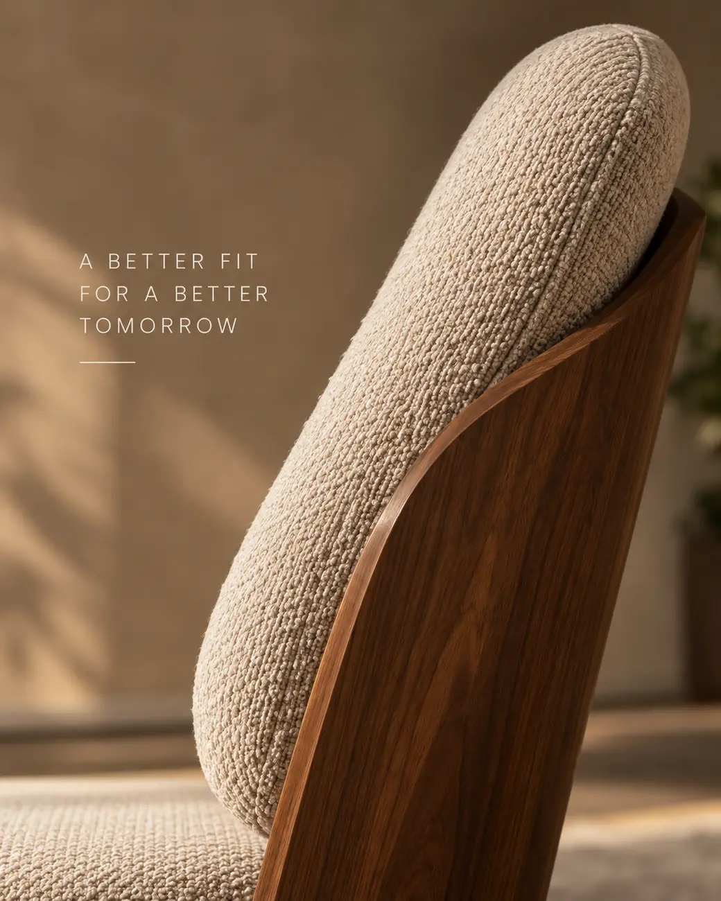 A close view of a curved walnut chair back cradling a bouclé cushion.