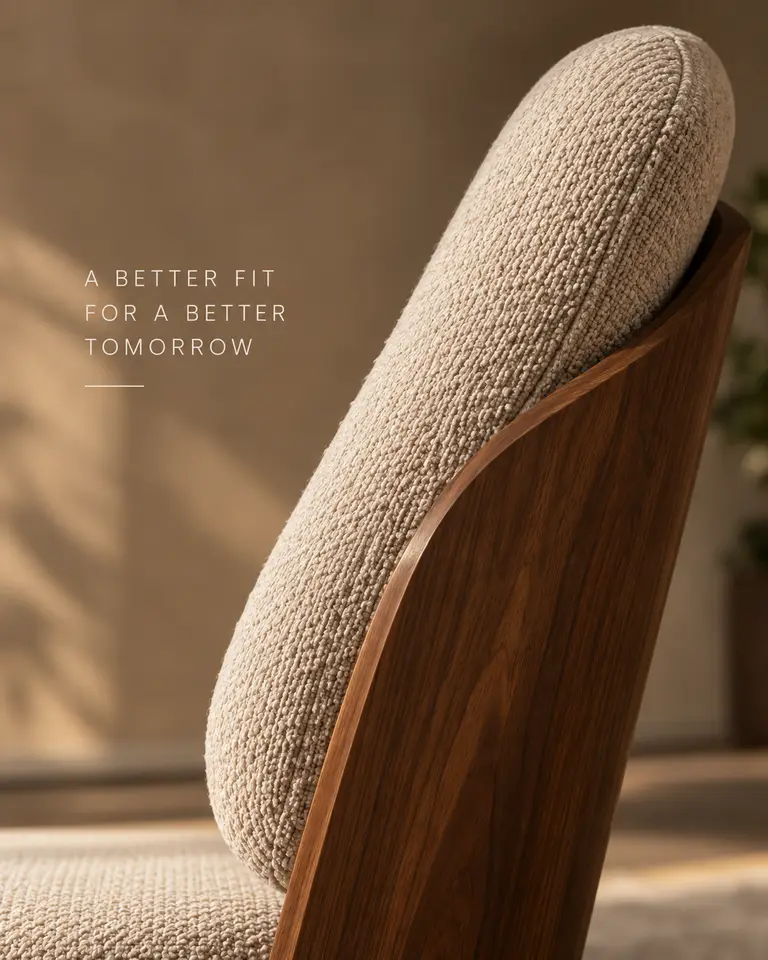 Close-up of textured neutral upholstery on a curved timber chair