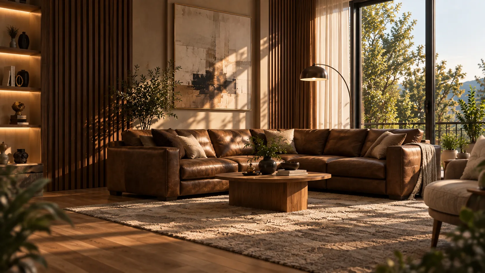 A sunlit living room with a large brown leather sectional, a round walnut coffee table and a floor lamp beside floor-to-ceiling windows