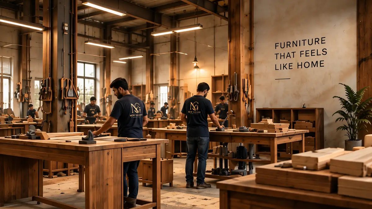 The New Galaxy Furniture workshop floor — craftsmen at workbenches beneath the words "Furniture that feels like home".