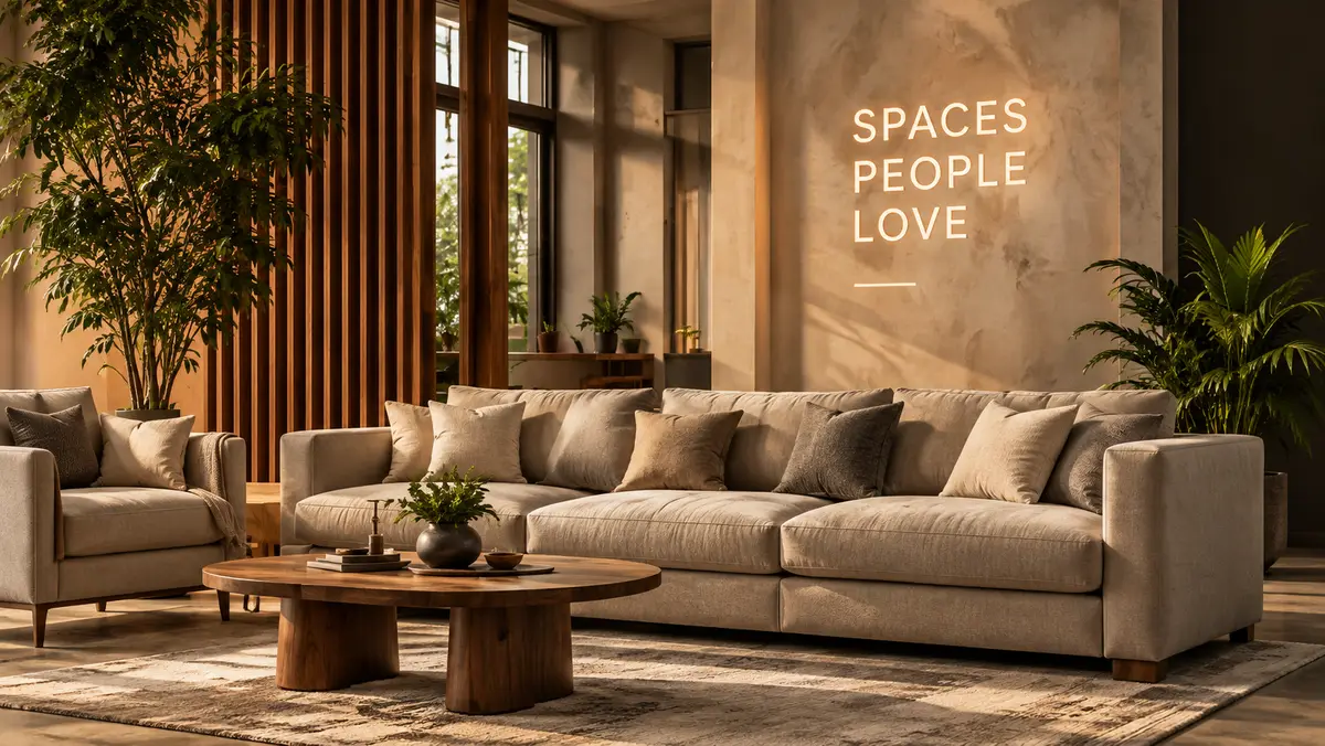 A living-room showroom setting — a large beige sofa, round walnut coffee table and plants beneath the words "Spaces people love".