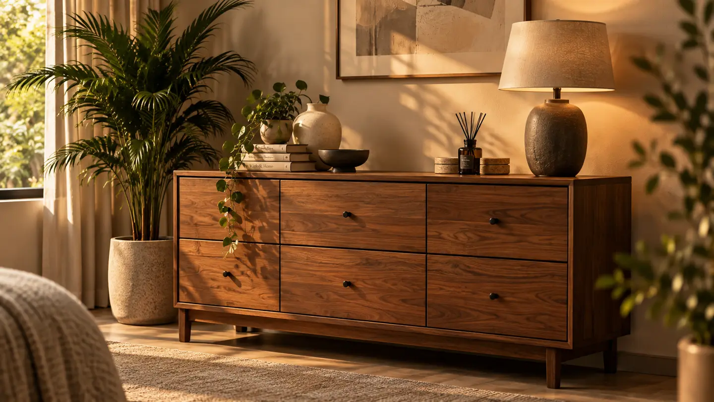A walnut sideboard styled with a table lamp, books and trailing plants in warm evening light.