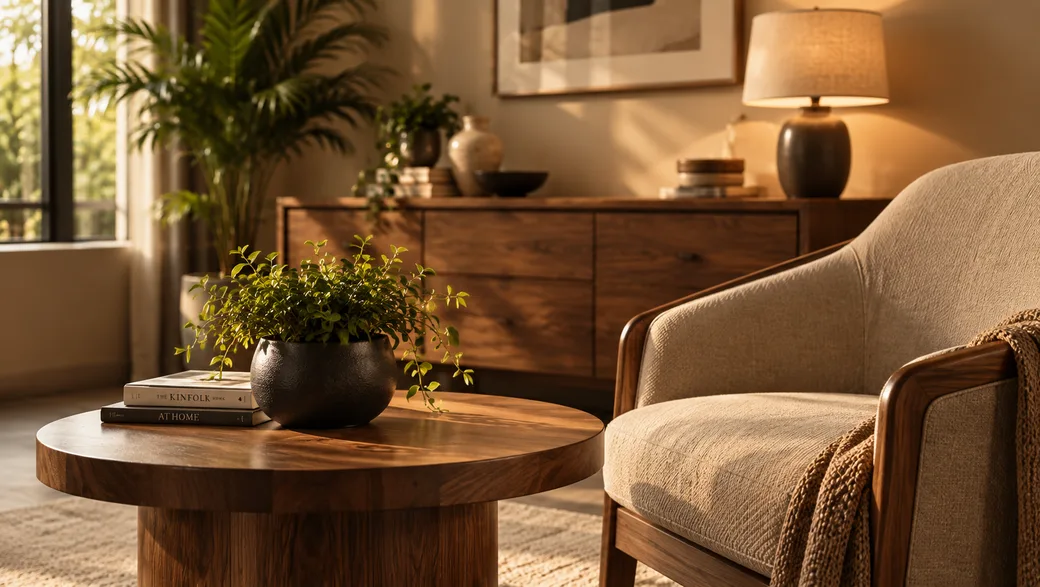 A round walnut side table beside an upholstered armchair, styled with a potted plant in warm daylight.
